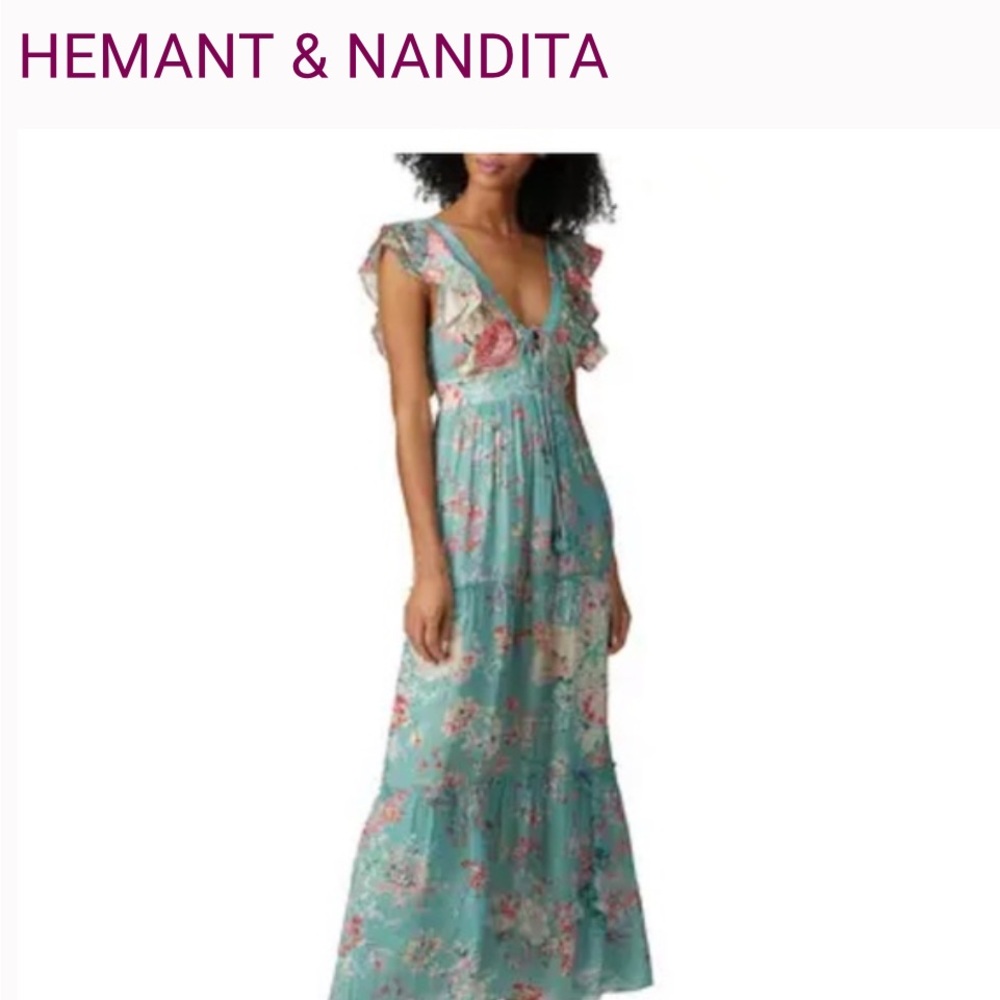 HEMANT & NANDITA Mint Floral Ruffle Maxi Dress Size small